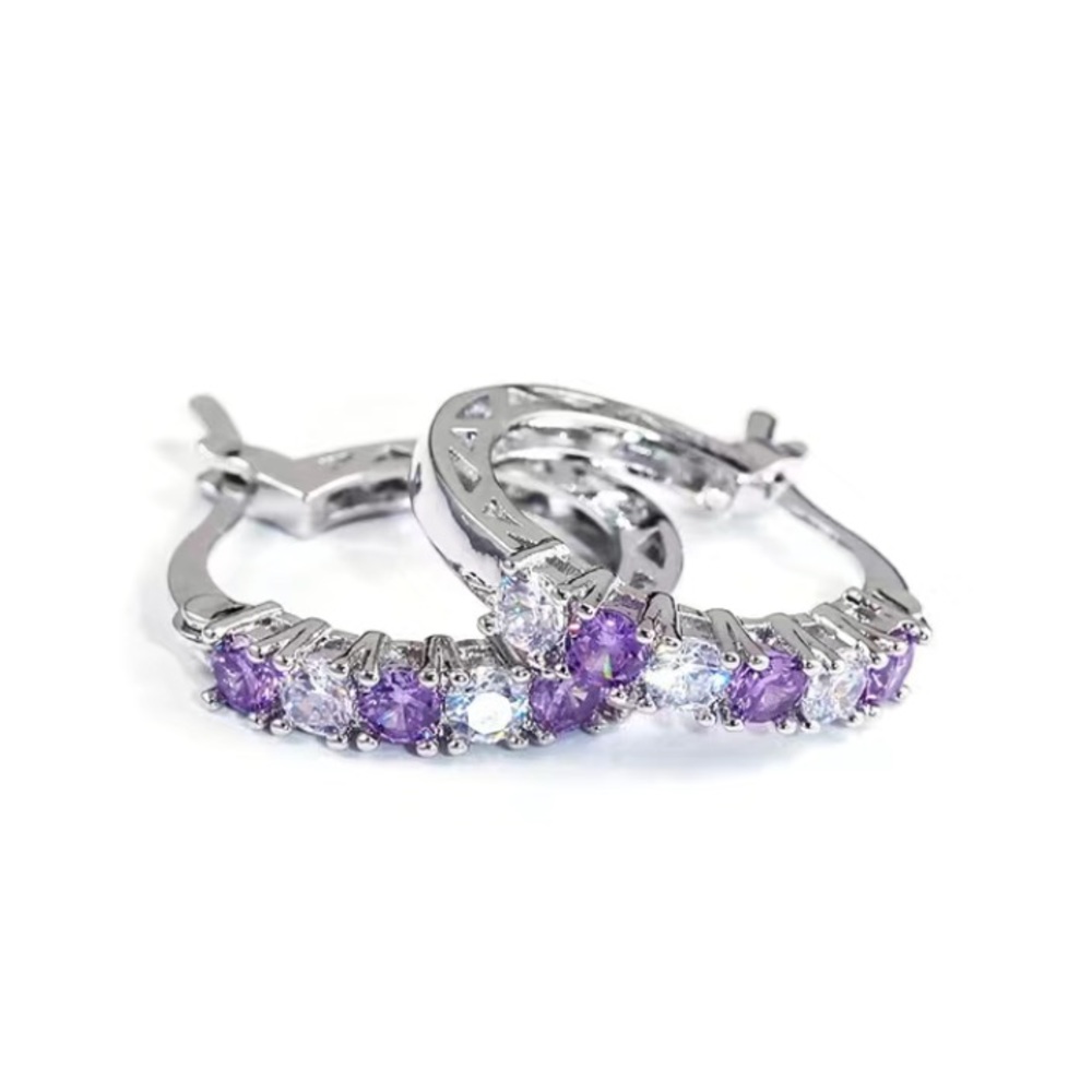 Amethyst & Diamond Silver Toned Hoop Earrings